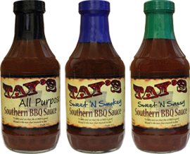 Bottle of Tay's All Purpose, Sweet 'N Smokey, and Sweet 'N Sassy Southern BBQ Sauces