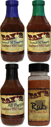 Bottles of Tay's All Purpose, Sweet 'N Smokey, Sweet 'N Sassy Southern, and Grub Rub